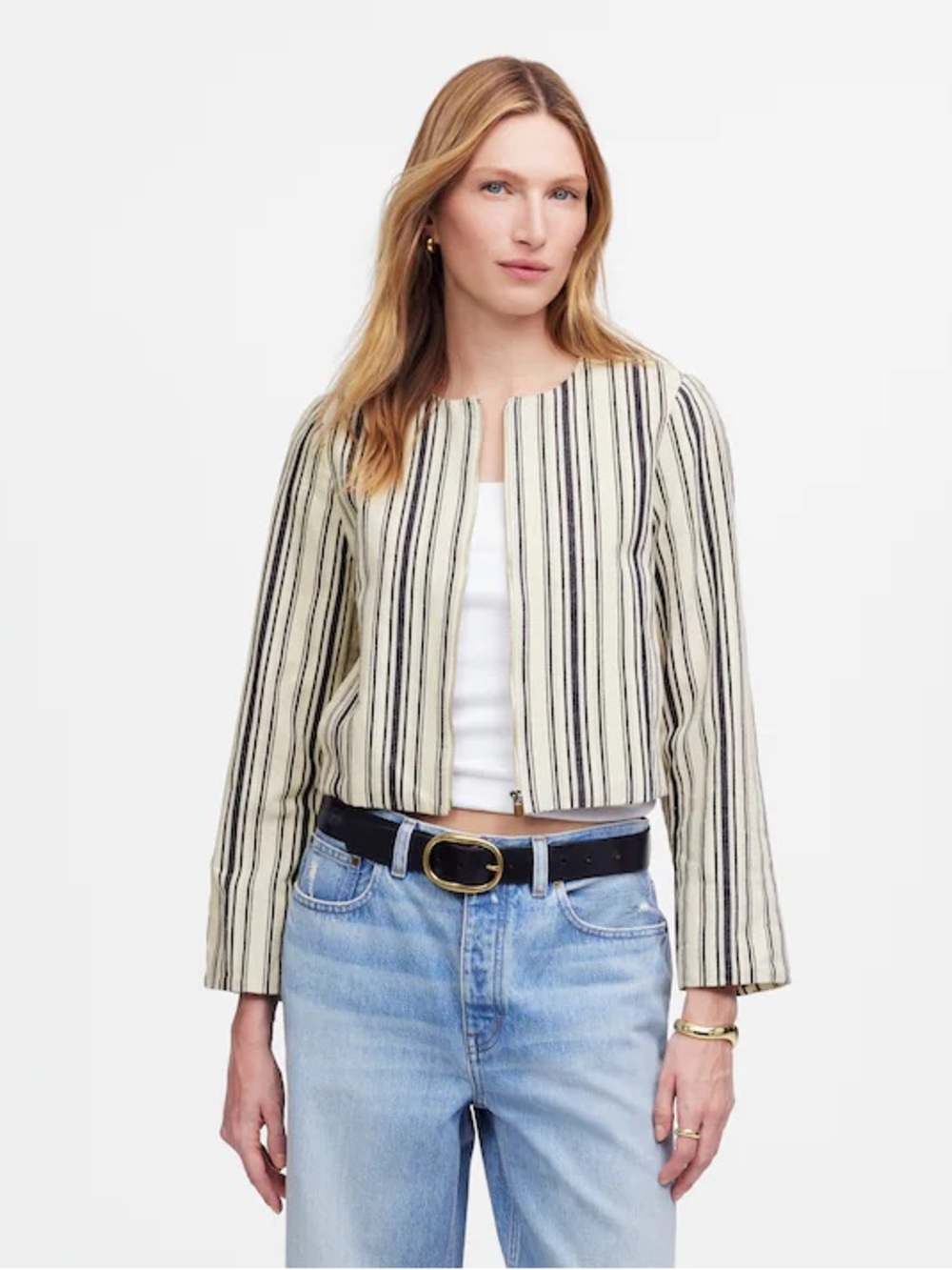 Madewell Crop Cardigan Jacket blue white stripe front zip Size M NWT